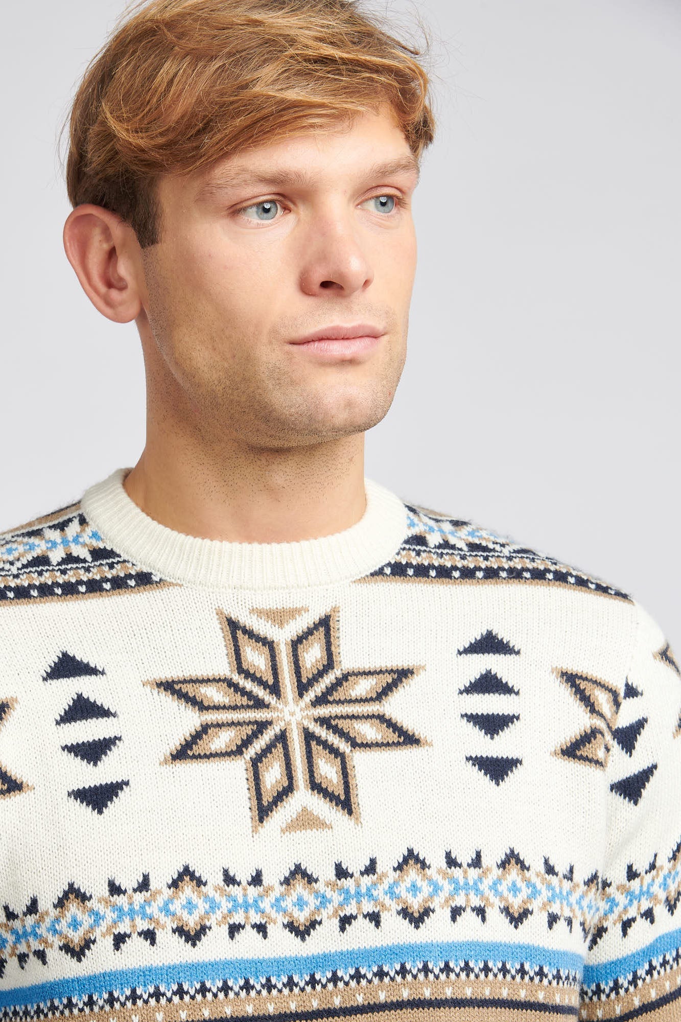 Mens Fair Isle Crew Neck Jumper in Tofu