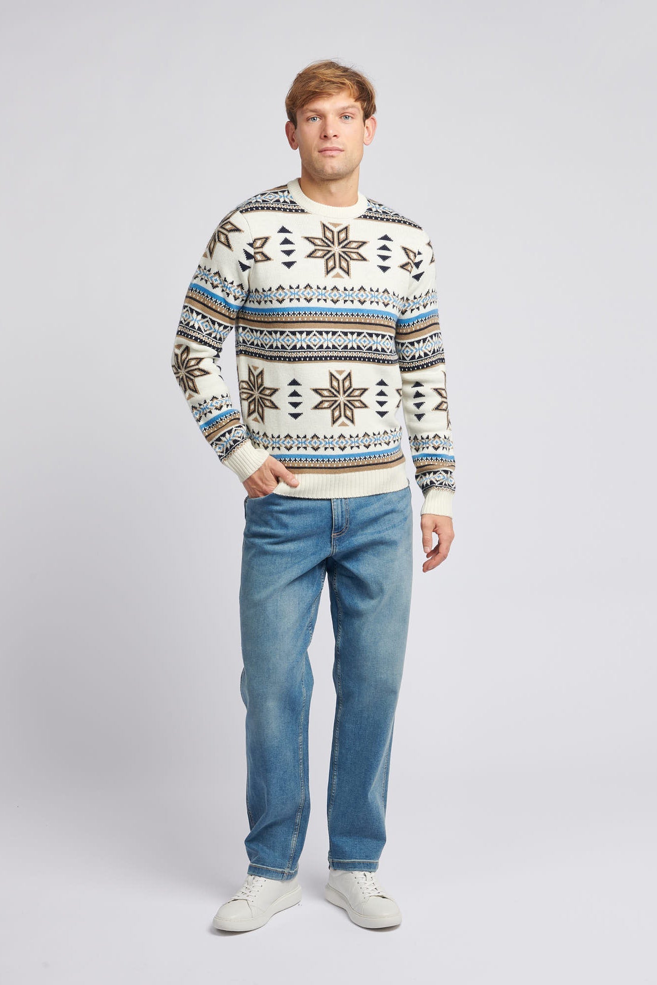 Mens Fair Isle Crew Neck Jumper in Tofu