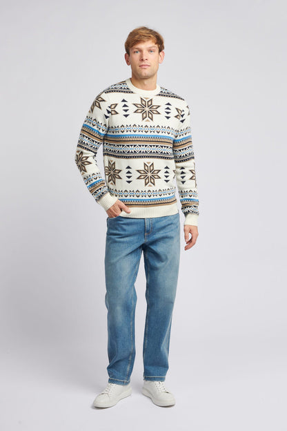 Mens Fair Isle Crew Neck Jumper in Tofu