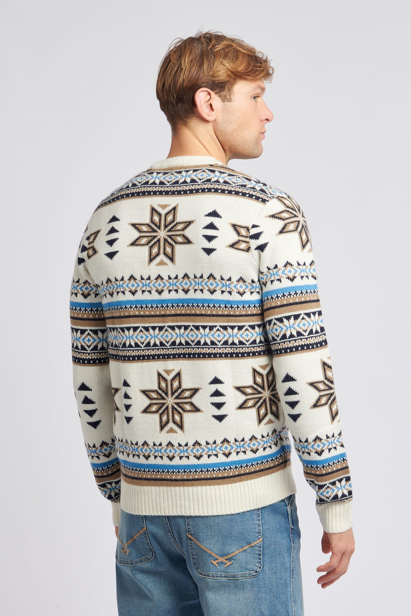 Mens Fair Isle Crew Neck Jumper in Tofu