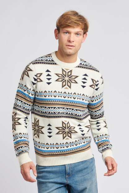 Mens Fair Isle Crew Neck Jumper in Tofu