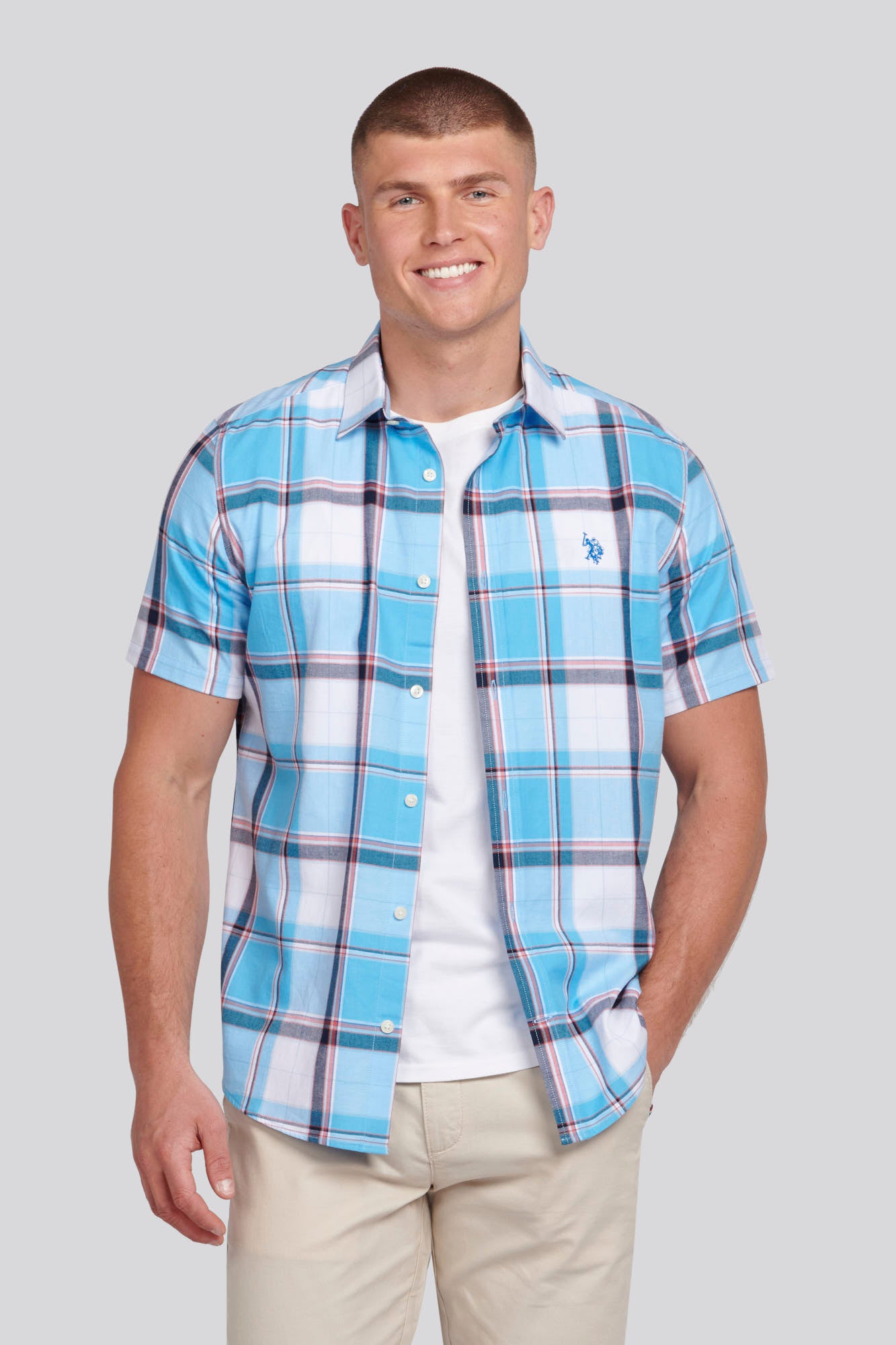 U.S. Polo Assn. Mens Short Sleeve Check Shirt in Ethereal Blue