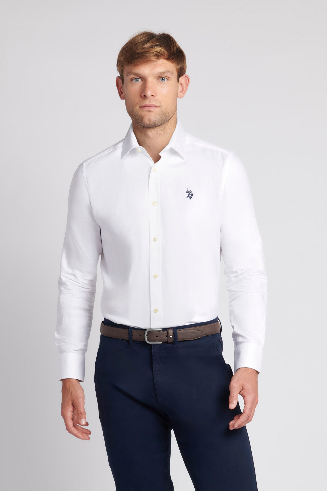 U.S. Polo Assn. Mens Long Sleeve Herringbone Twill Shirt in White