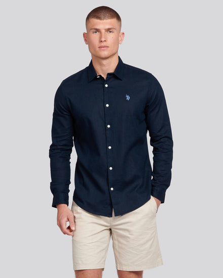Mens Linen Blend Shirt in Dark Sapphire Navy / Moonlight Blue DHM