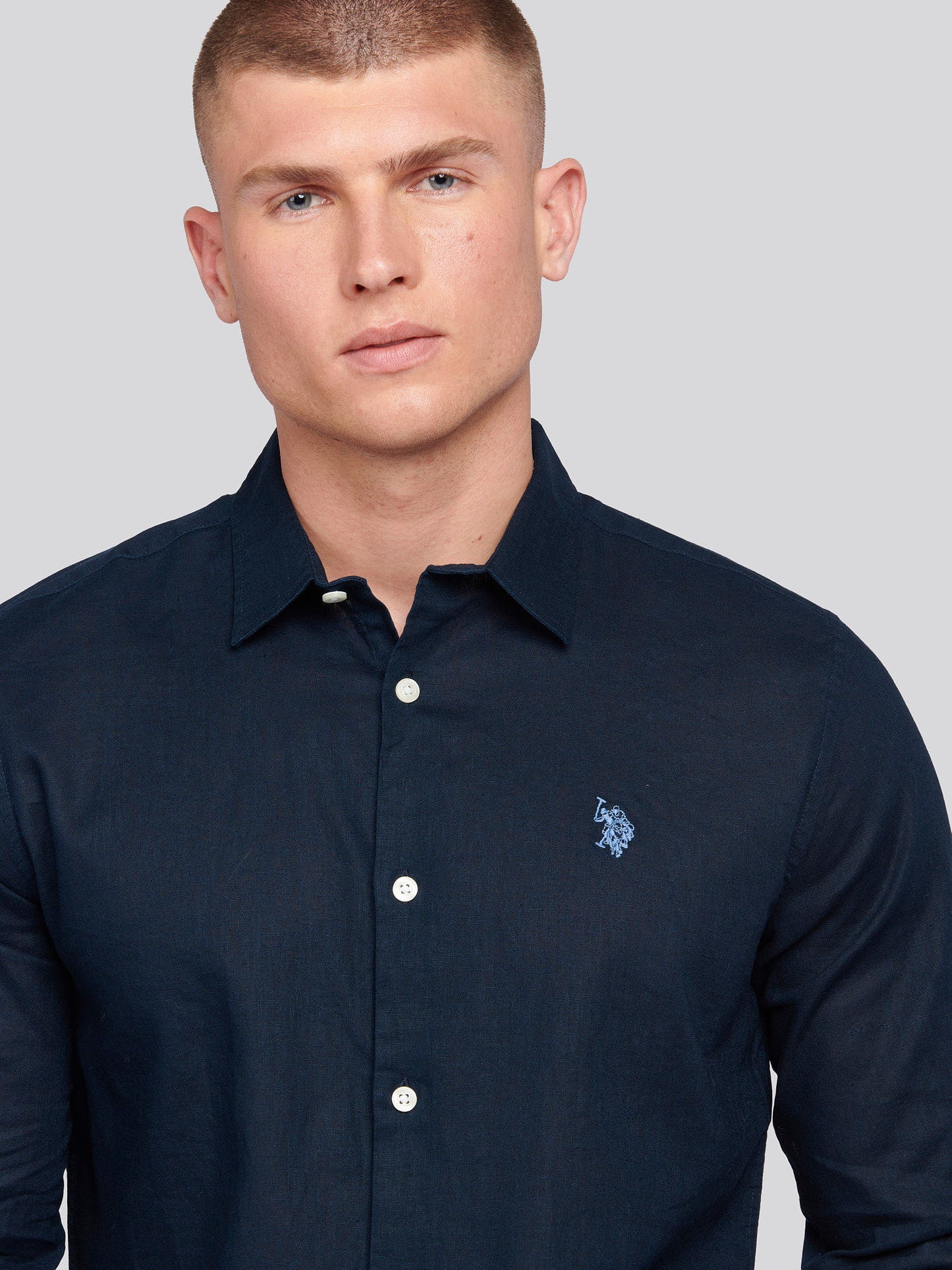 Mens Linen Blend Shirt in Dark Sapphire Navy / Moonlight Blue DHM