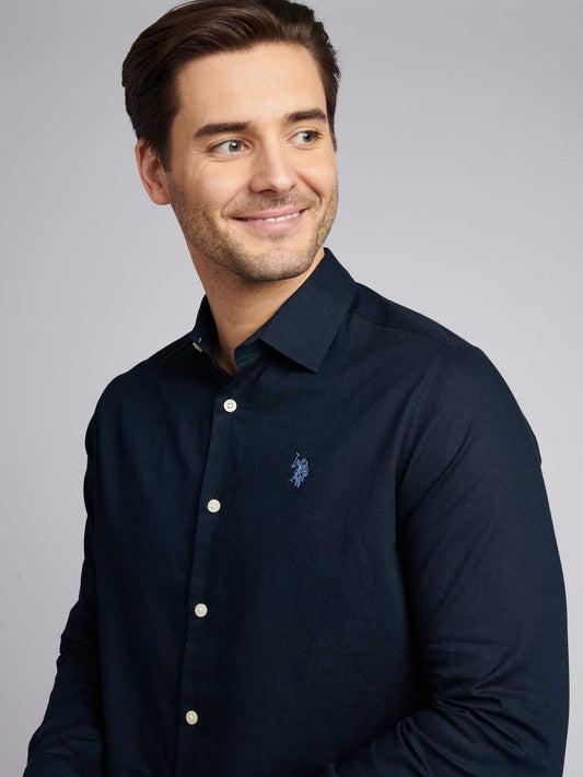 Mens Linen Blend Shirt in Dark Sapphire Navy / Moonlight Blue DHM