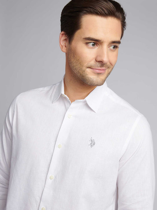 Mens Linen Blend Shirt in Bright White / Harbour Mist