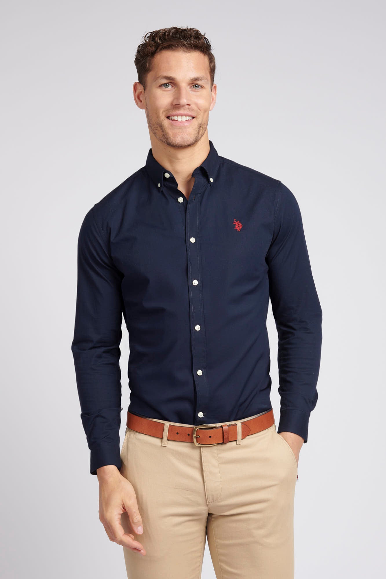 Mens Stretch Cotton Poplin Shirt in Dark Sapphire Navy / Haute Red DHM