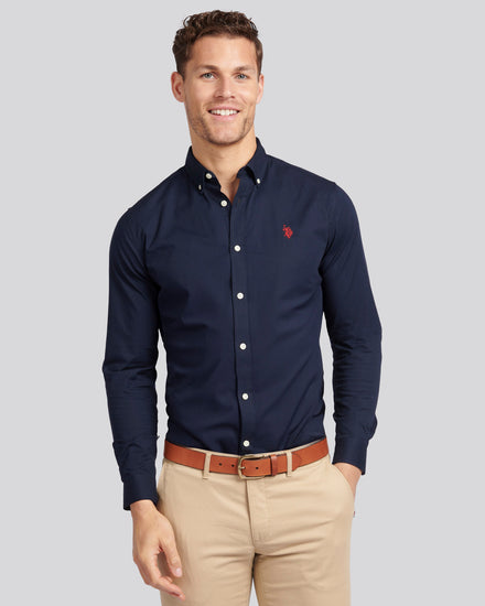 Mens Stretch Cotton Poplin Shirt in Dark Sapphire Navy / Haute Red DHM