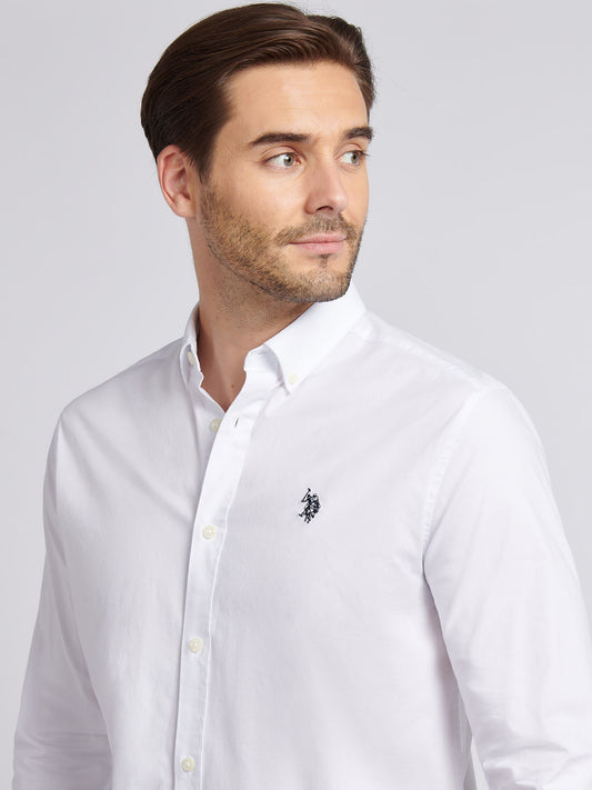 Mens Stretch Cotton Poplin Shirt in White / Dark Sapphire Navy DHM