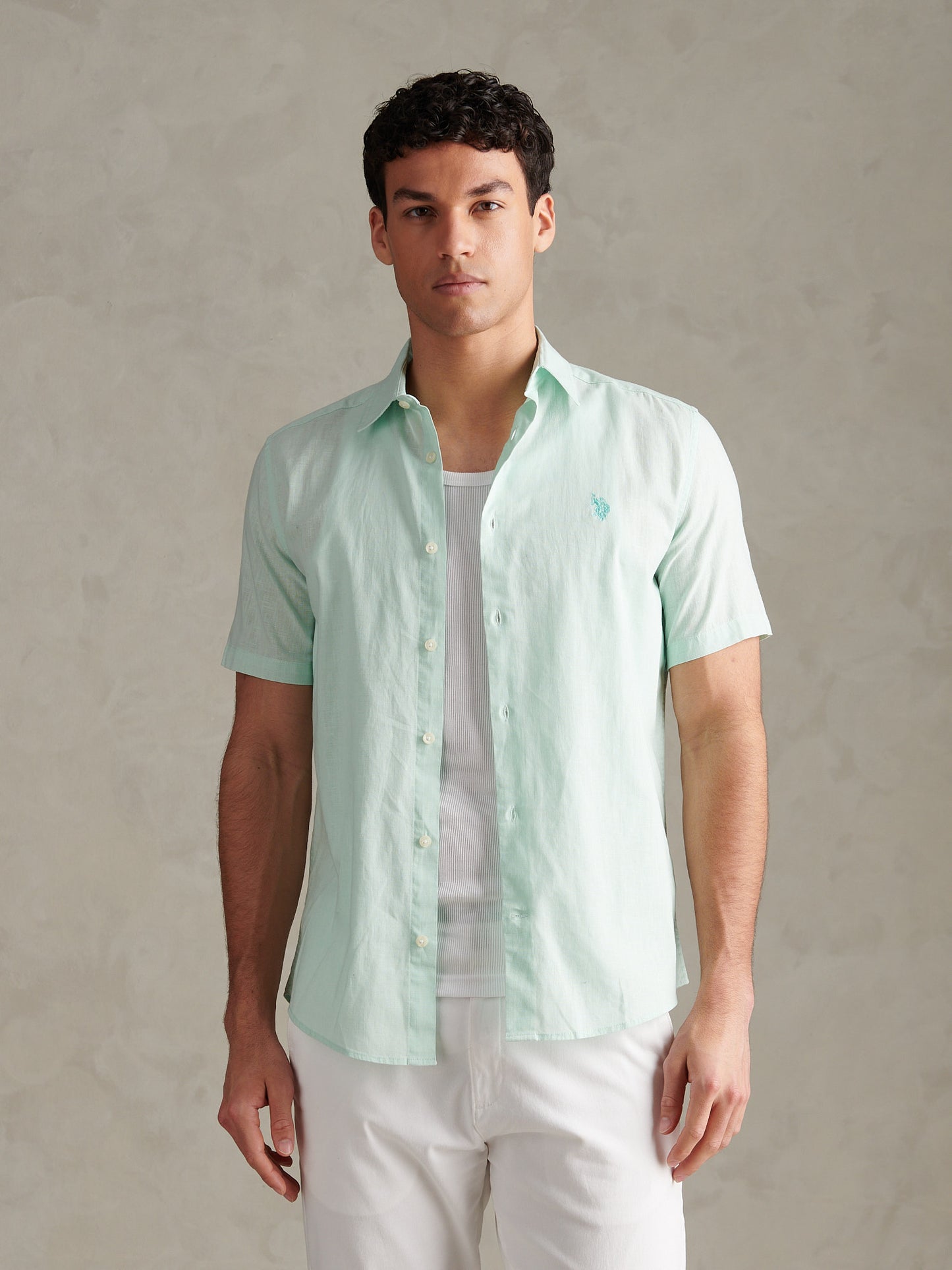 Mens Linen Blend Short Sleeve Shirt Honeydew