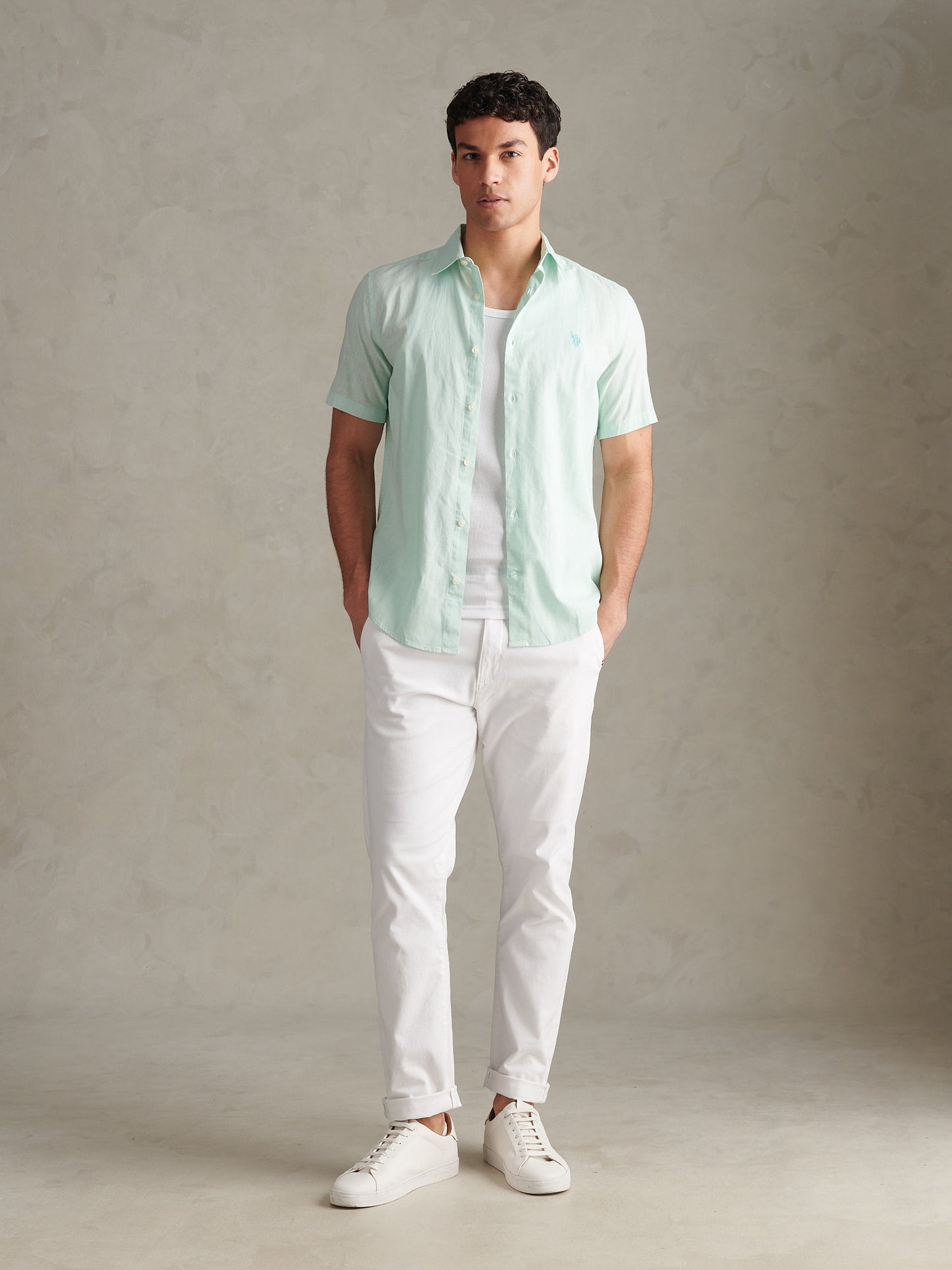 Mens Linen Blend Short Sleeve Shirt Honeydew