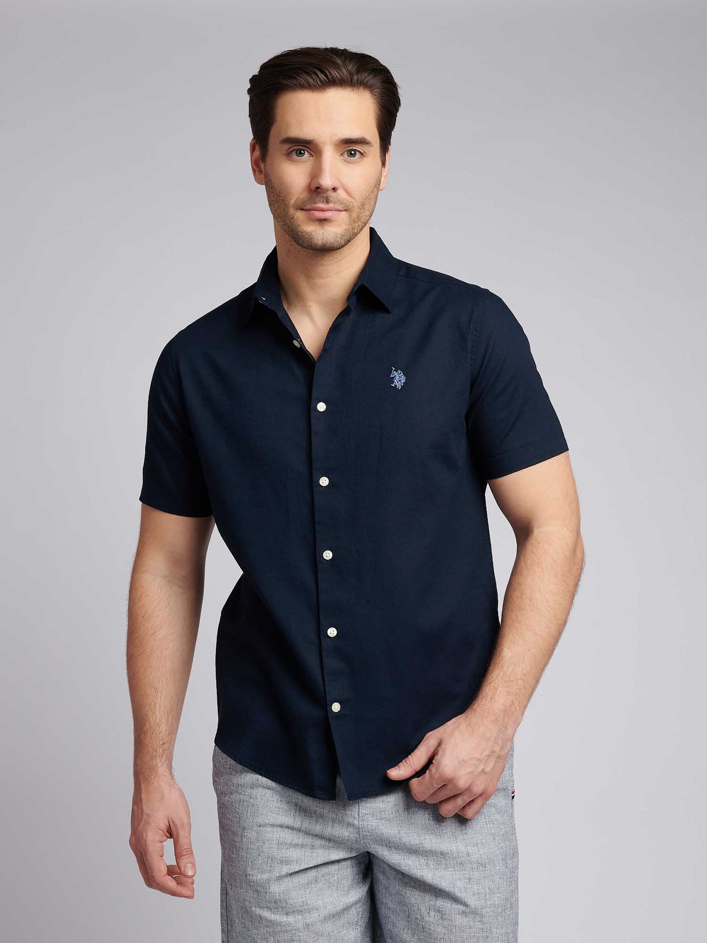 Mens Linen Blend Short Sleeve Shirt in Dark Sapphire Navy / Moonlight Blue DHM