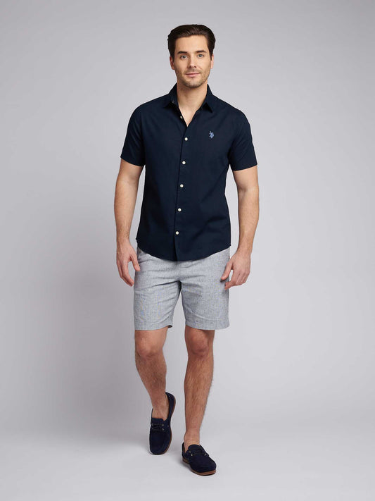 Mens Linen Blend Short Sleeve Shirt in Dark Sapphire Navy / Moonlight Blue DHM
