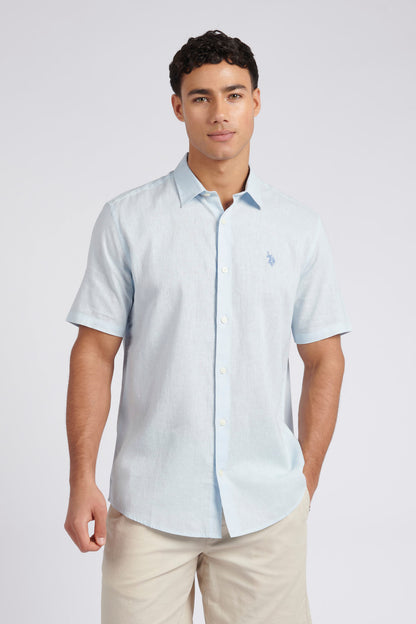 Mens Linen Blend Short Sleeve Shirt in Ice Blue