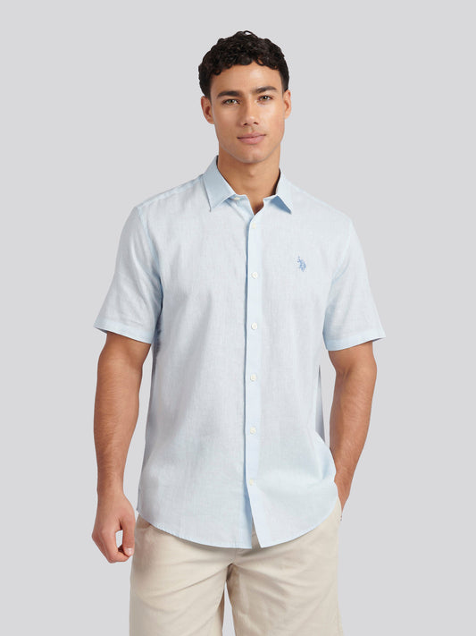 Mens Linen Blend Short Sleeve Shirt in Ice Blue