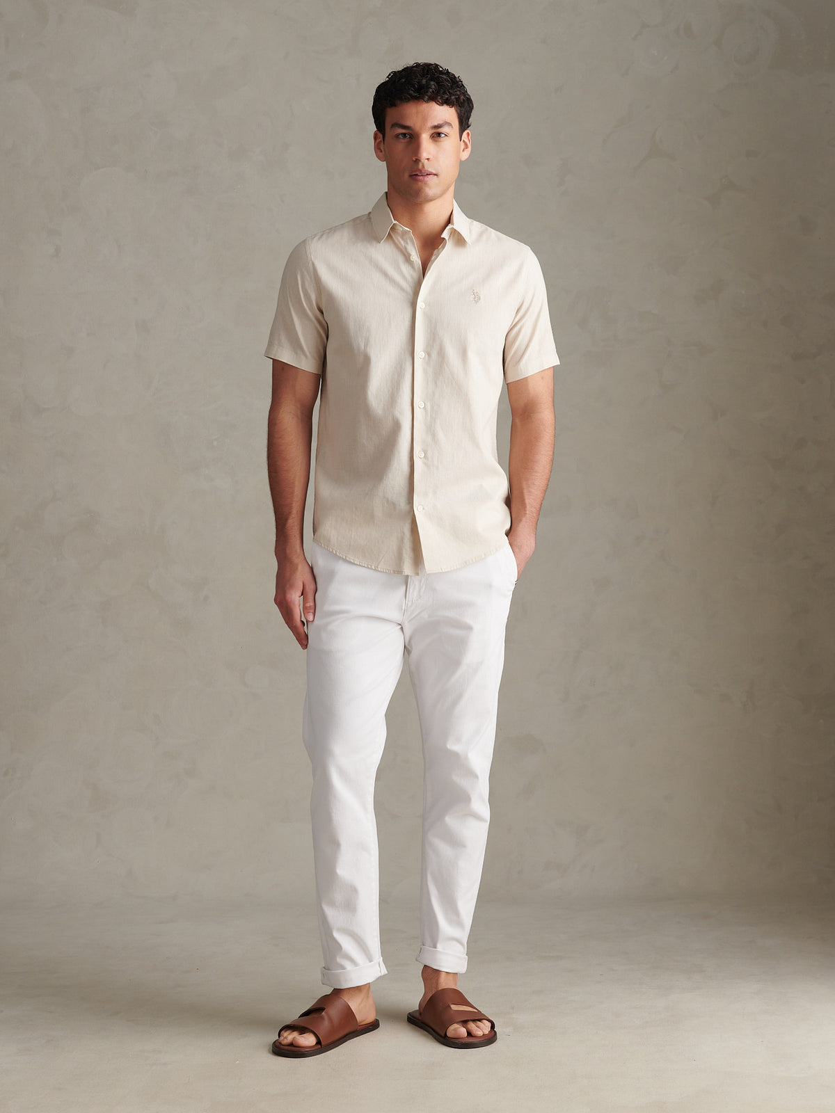 Mens Linen Blend Short Sleeve Shirt Beige