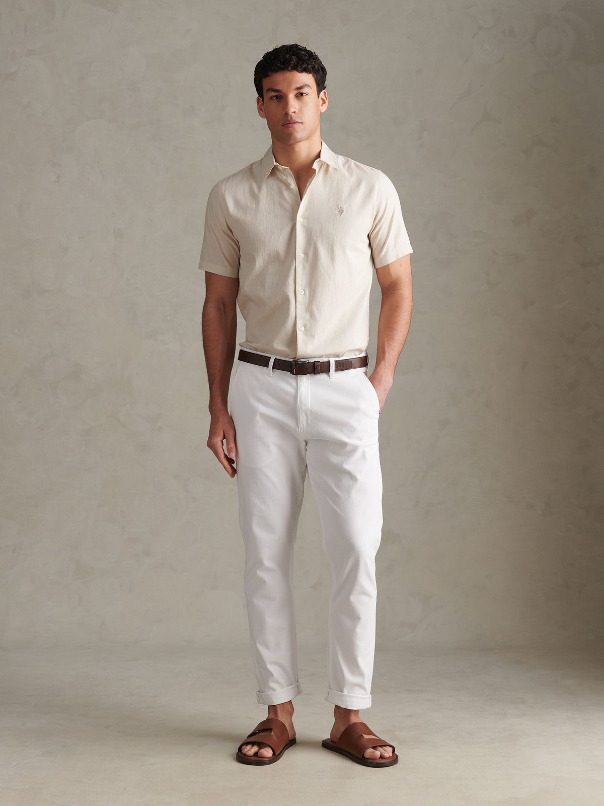 Mens Linen Blend Short Sleeve Shirt Beige