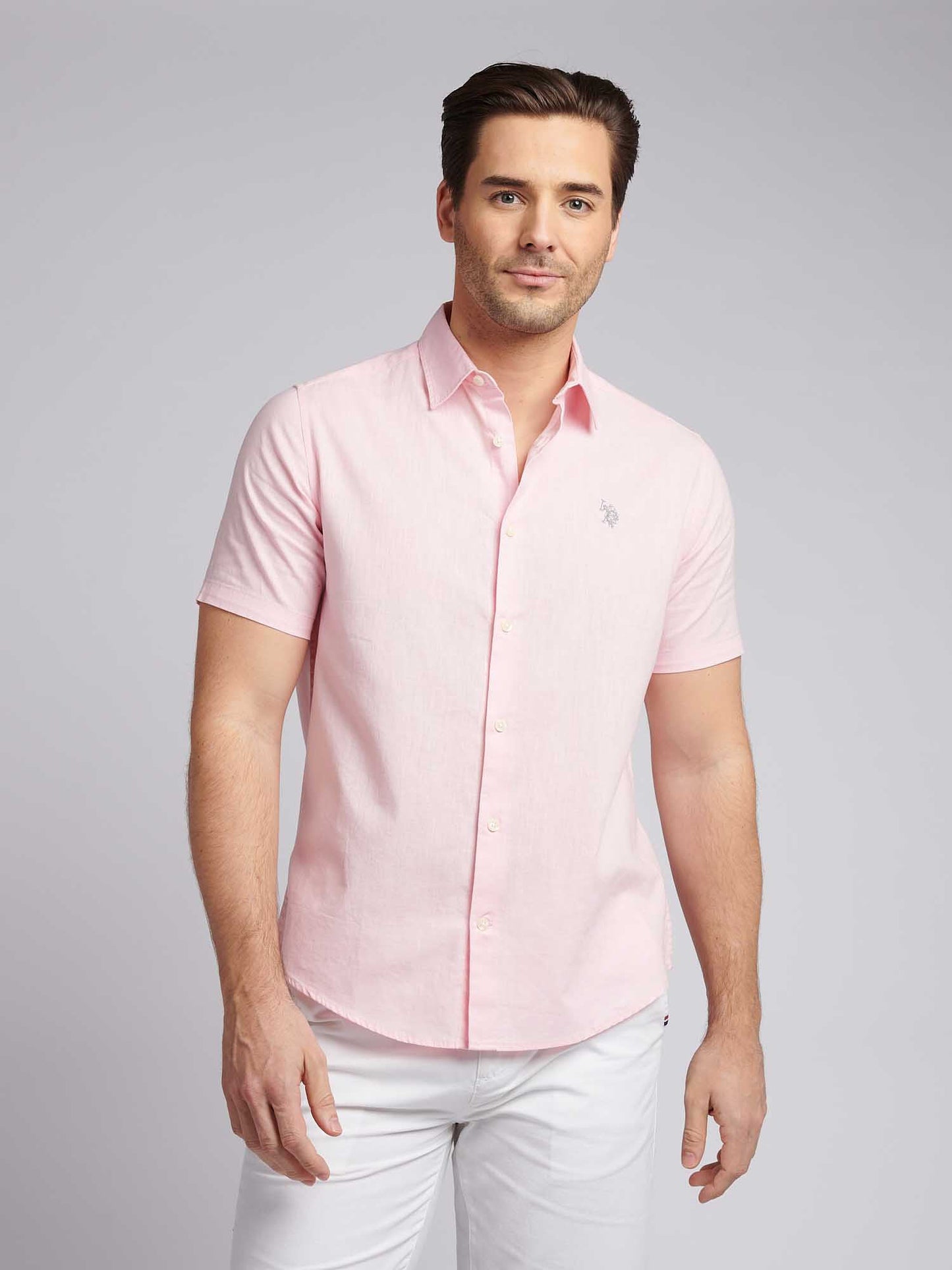 Mens Linen Blend Short Sleeve Shirt in Pink a Boo