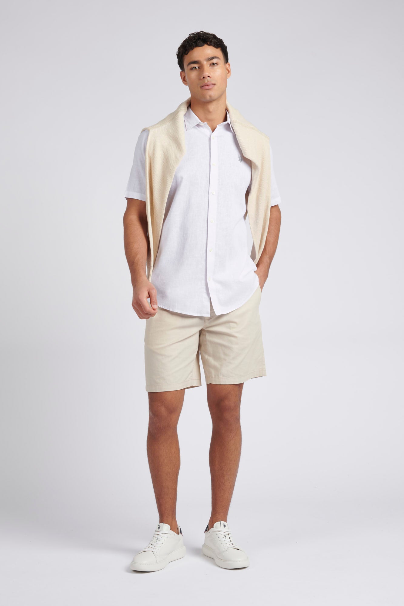 Mens Linen Blend Short Sleeve Shirt in White / Harbour Mist DHM