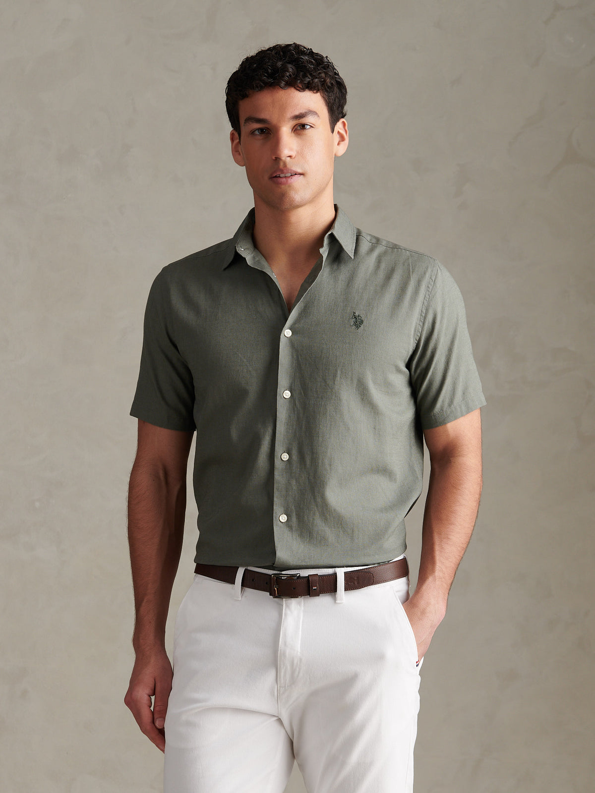 Mens Linen Blend Short Sleeve Shirt Mulled Basil