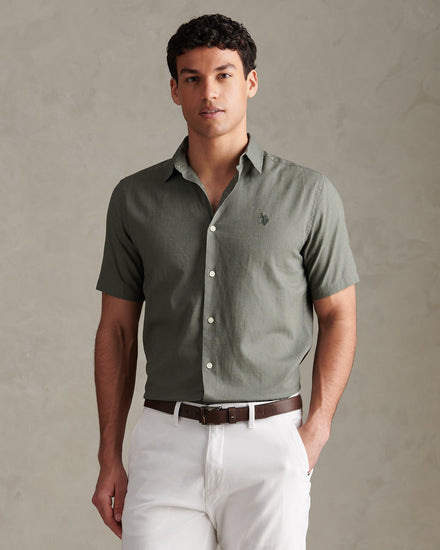 Mens Linen Blend Short Sleeve Shirt Mulled Basil