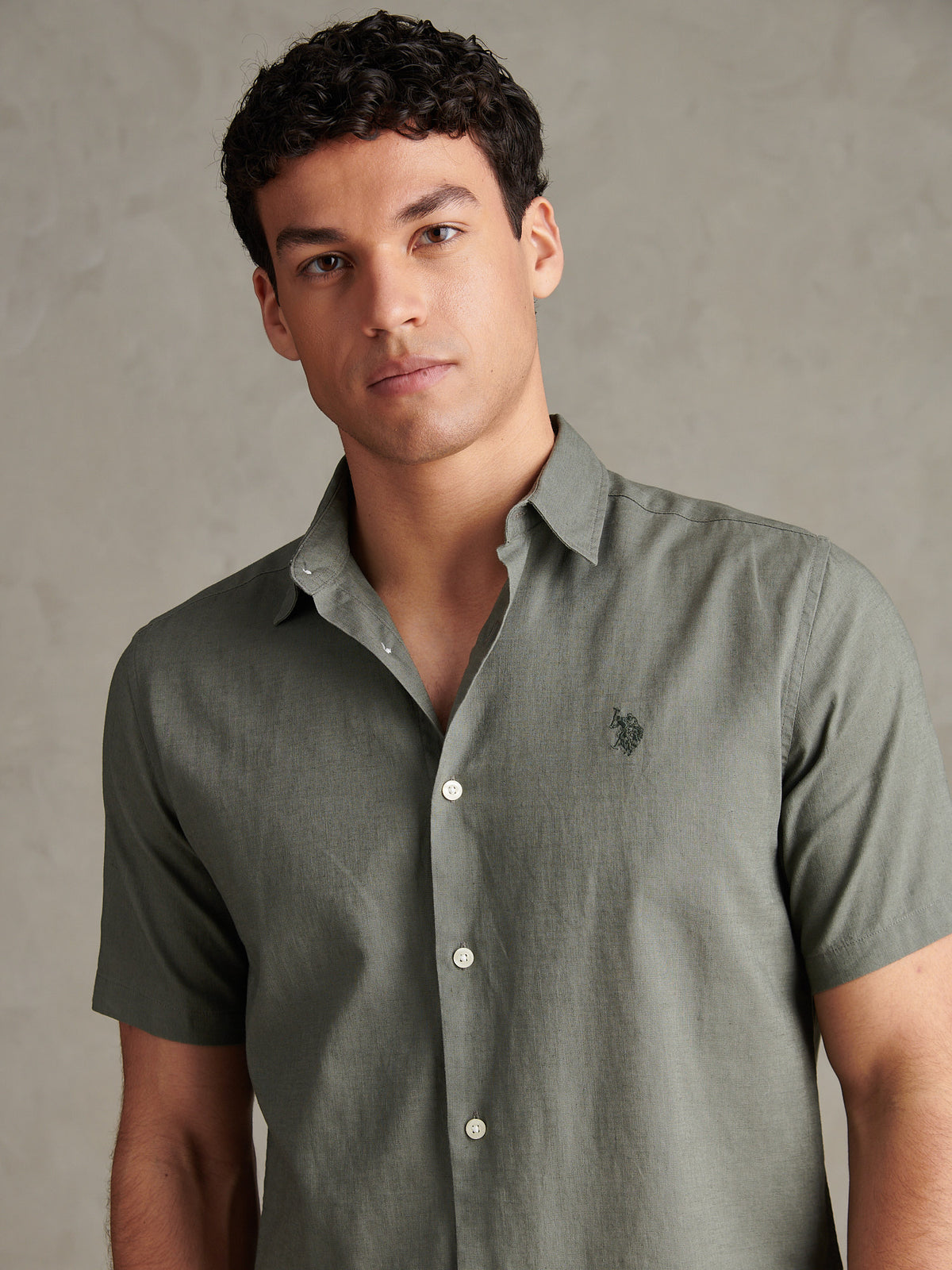 Mens Linen Blend Short Sleeve Shirt Mulled Basil
