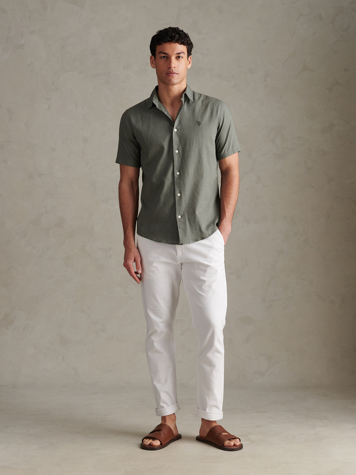 Mens Linen Blend Short Sleeve Shirt Mulled Basil