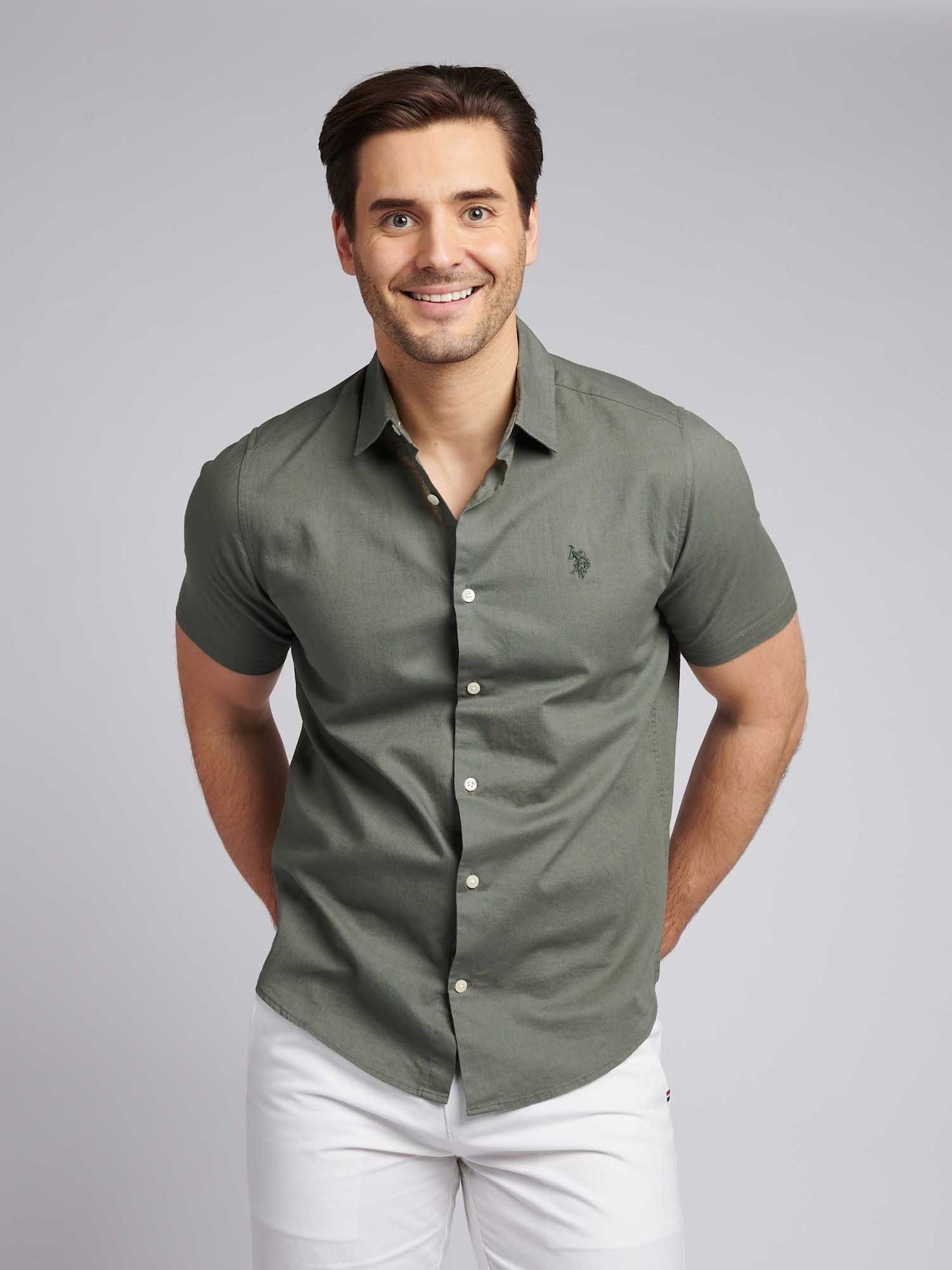 Mens Linen Blend Short Sleeve Shirt in Mulled Basil