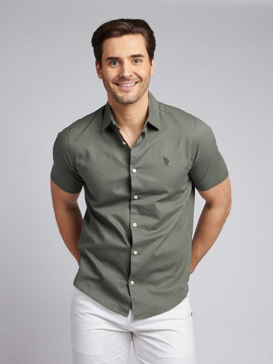 Mens Linen Blend Short Sleeve Shirt in Mulled Basil