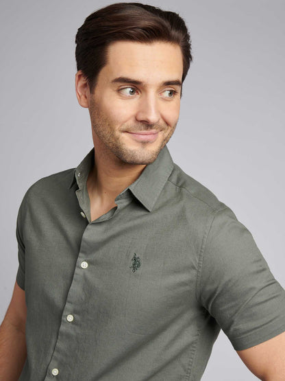 Mens Linen Blend Short Sleeve Shirt in Mulled Basil