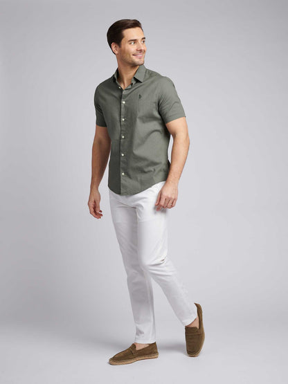 Mens Linen Blend Short Sleeve Shirt in Mulled Basil