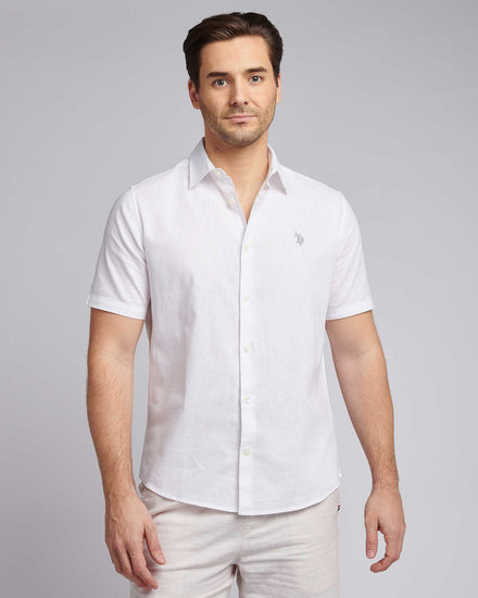 Mens Linen Blend Short Sleeve Shirt in Bright White / Harbour Mist