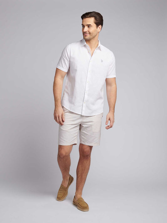 Mens Linen Blend Short Sleeve Shirt in Bright White / Harbour Mist