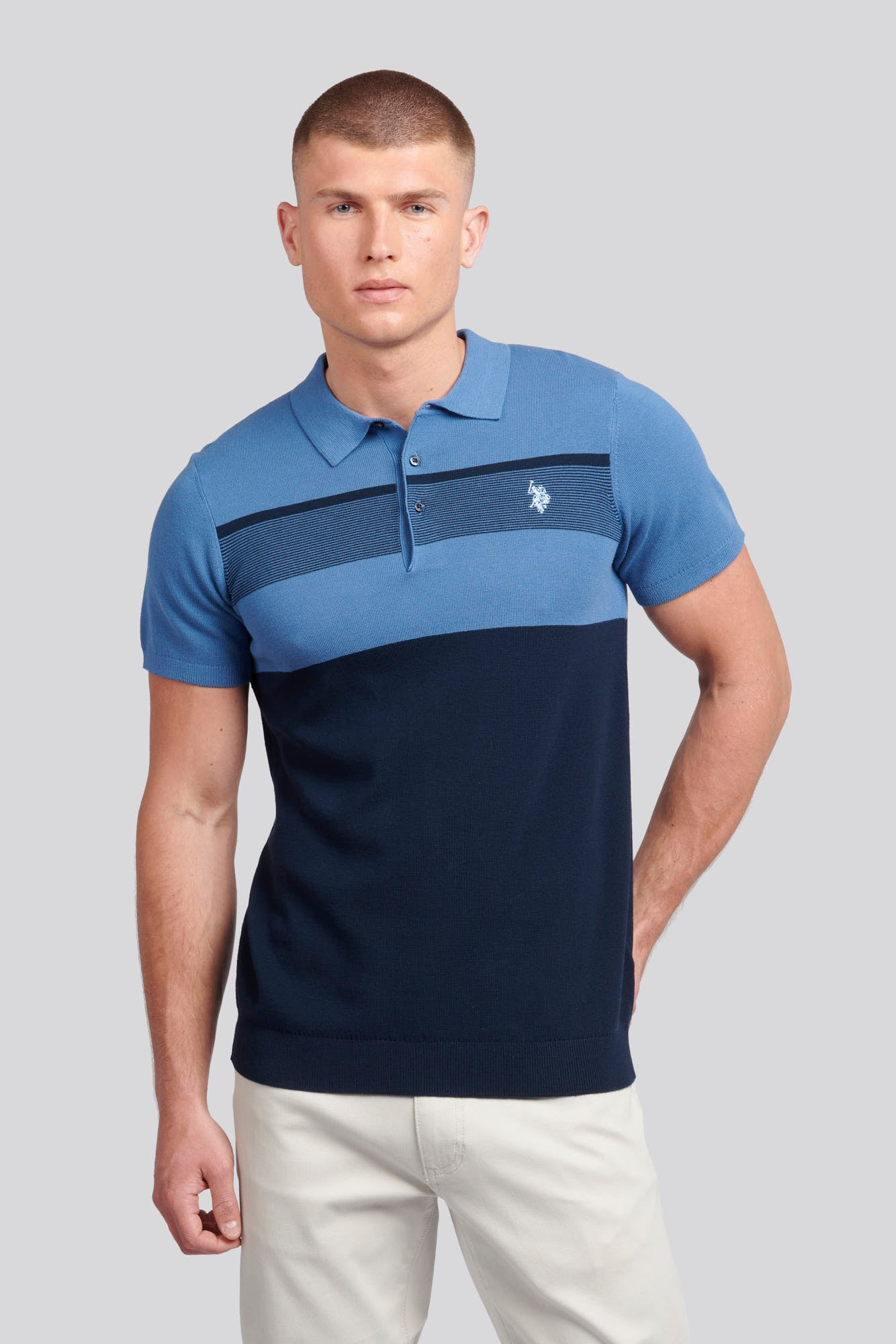 U.S. Polo Assn. Mens Regular Fit Stripe Knit Polo Shirt in Blue Horizon