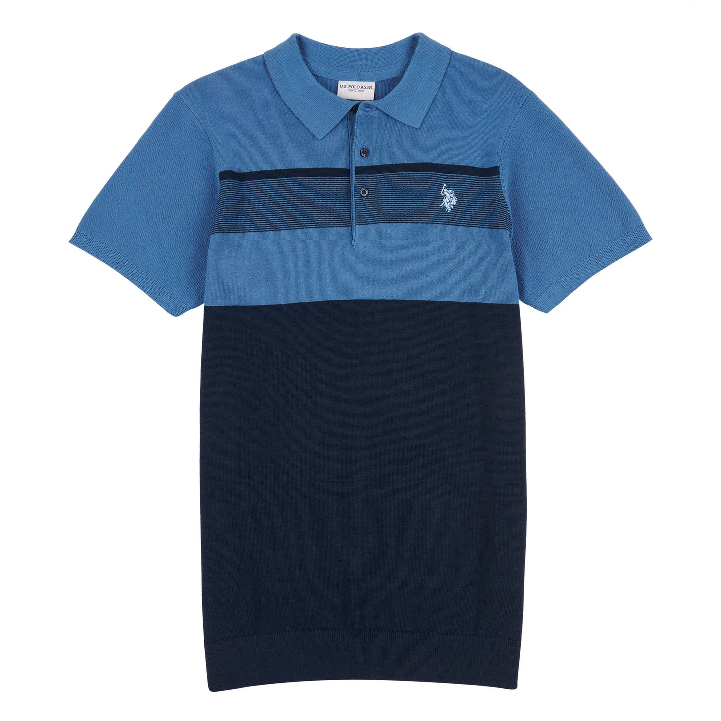 Mens Regular Fit Stripe Knit Polo Shirt in Blue Horizon