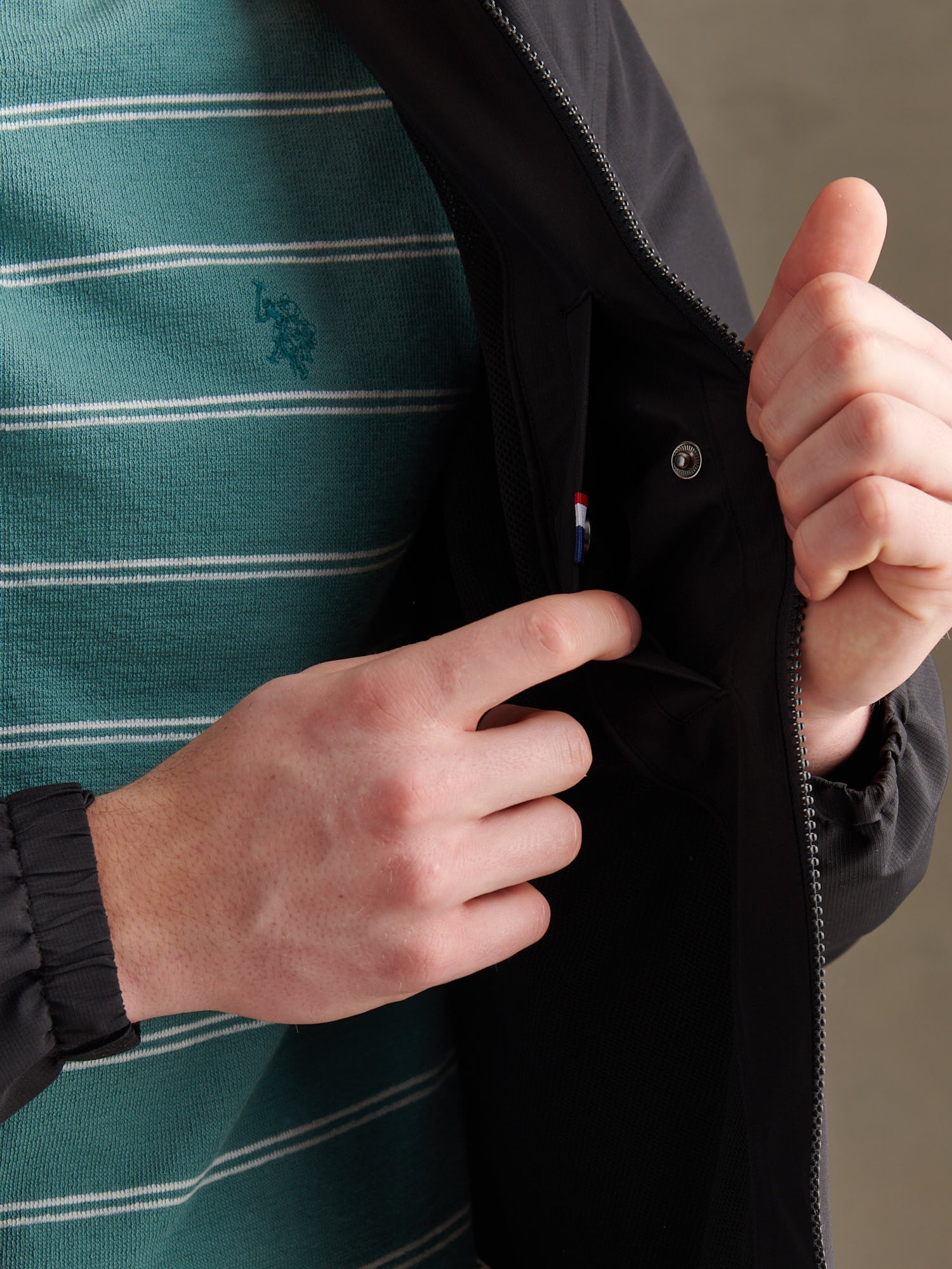 Men's Hooded Windbreaker in Black/White – hood detail