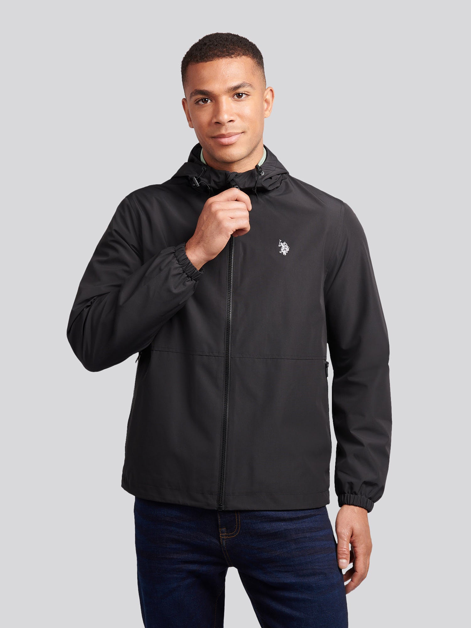 Men's Hooded Windbreaker in Black/White – cuff and hem detail
