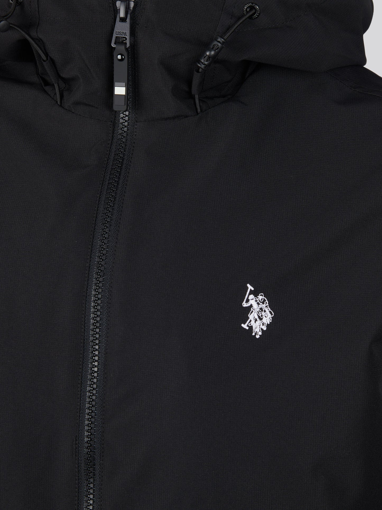 Men's Hooded Windbreaker in Black/White – on model, hood up