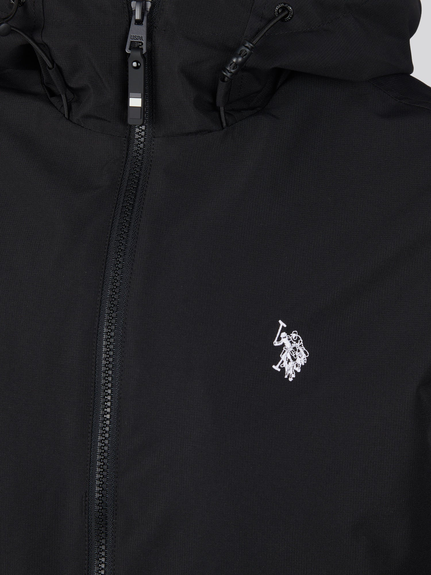 Men's Hooded Windbreaker in Black/White – on model, hood up