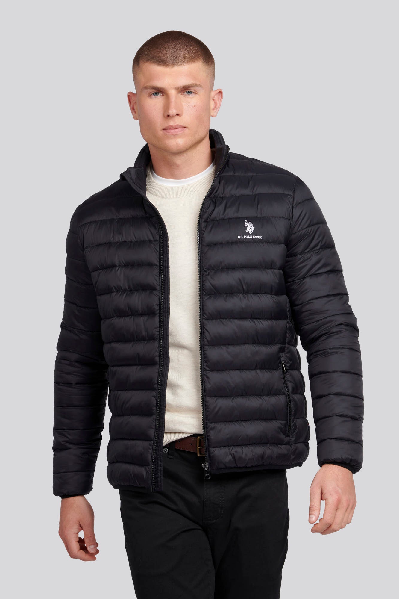 U.S. Polo Assn. Mens Lightweight Bound Quilted Jacket in Black Bright White DHM