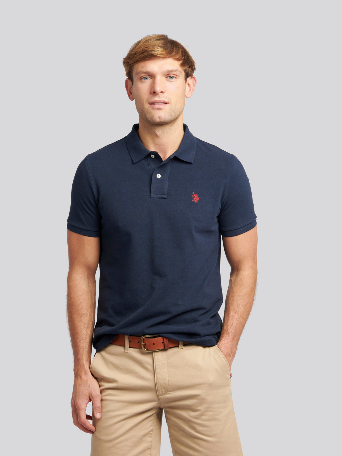 Mens Double Horsemen Polo Shirt in Dark Sapphire Navy / Haute Red DHM