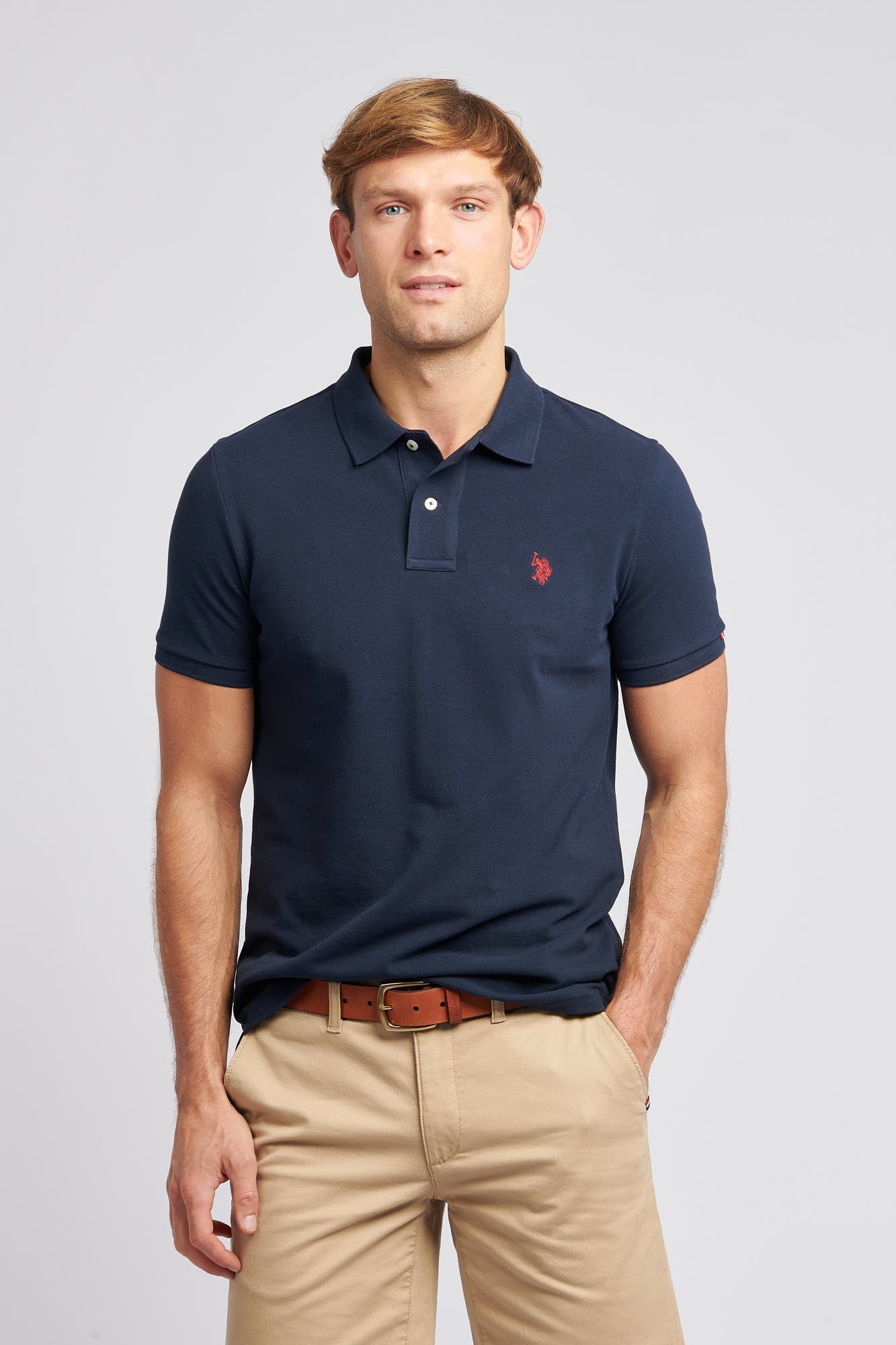 U.S. Polo Assn. Mens Pique Polo Shirt in Dark Sapphire Navy / Haute Red DHM