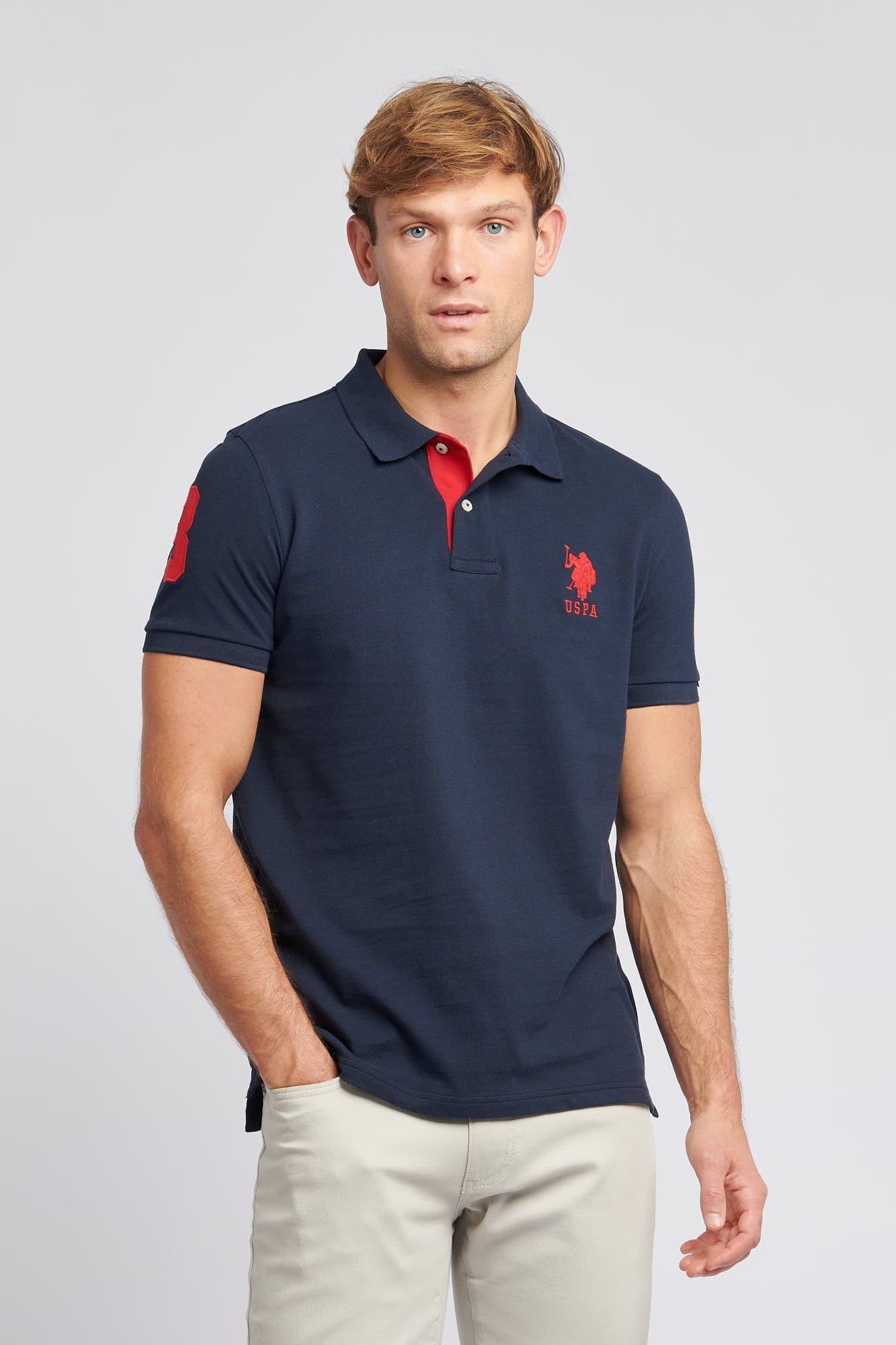 U.S. Polo Assn. Mens Player 3 Pique Polo Shirt in Dark Sapphire Navy / Haute Red DHM