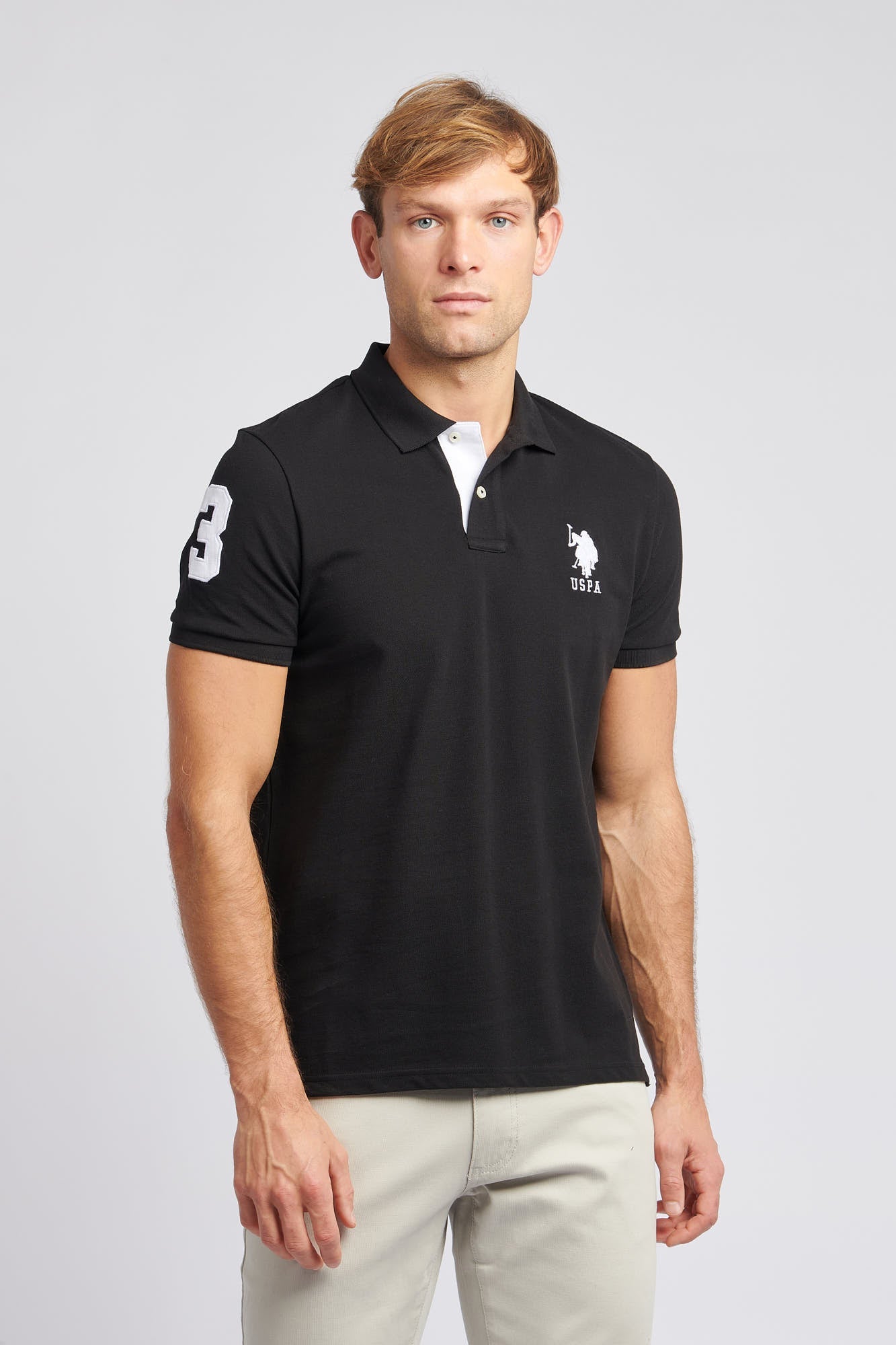 U.S. Polo Assn. Mens Player 3 Pique Polo Shirt in Black Bright White DHM