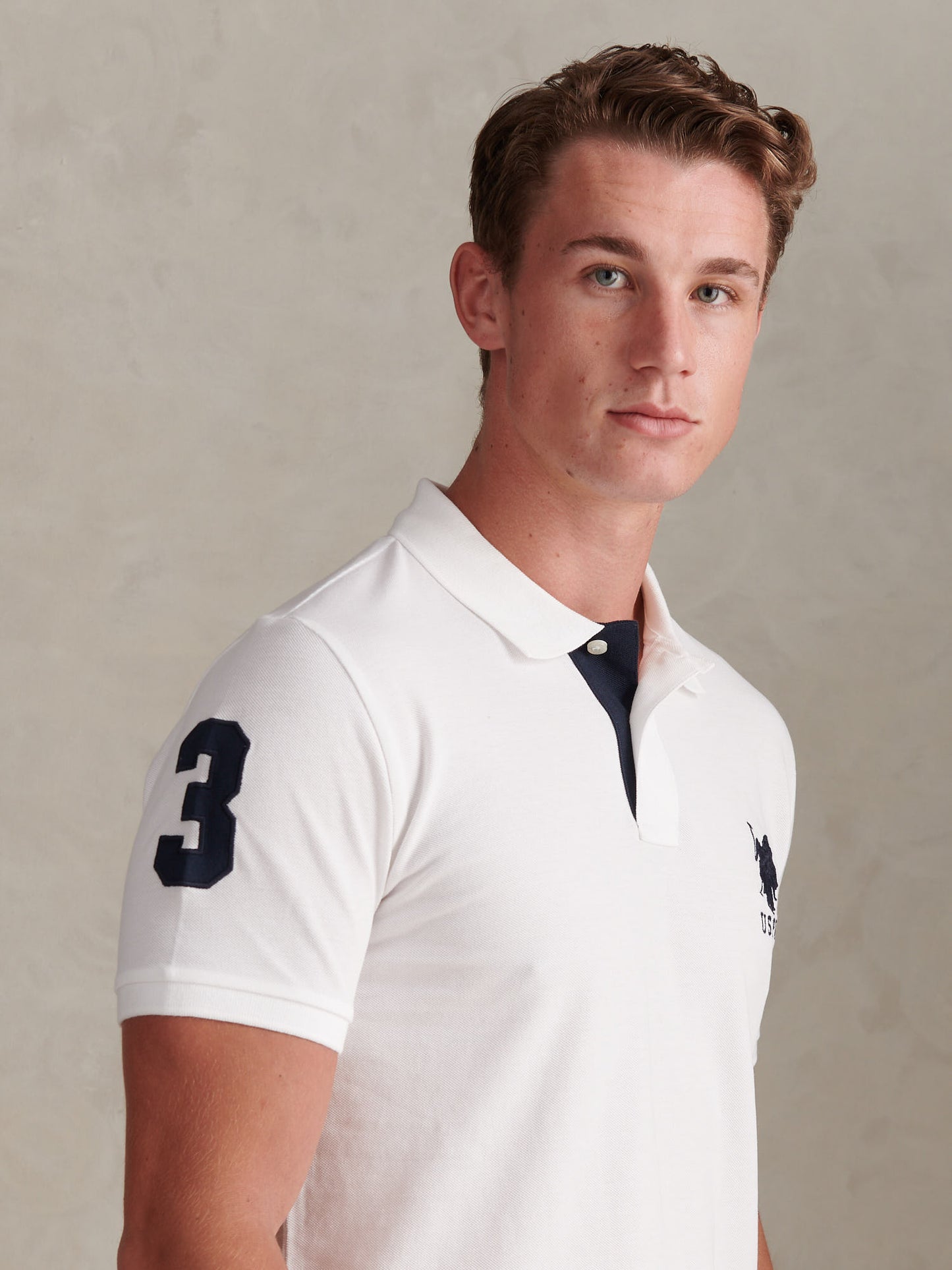 Men's Player 3 Polo Shirt in White/Navy – Double Horsemen chest embroidery detail