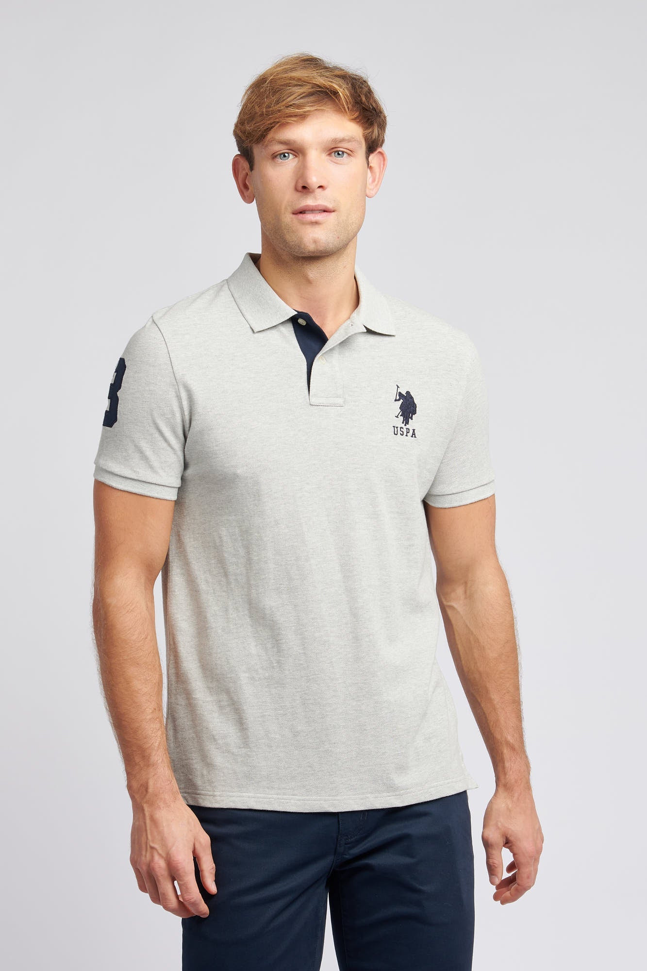 U.S. Polo Assn. Mens Player 3 Pique Polo Shirt in Mid Grey Marl