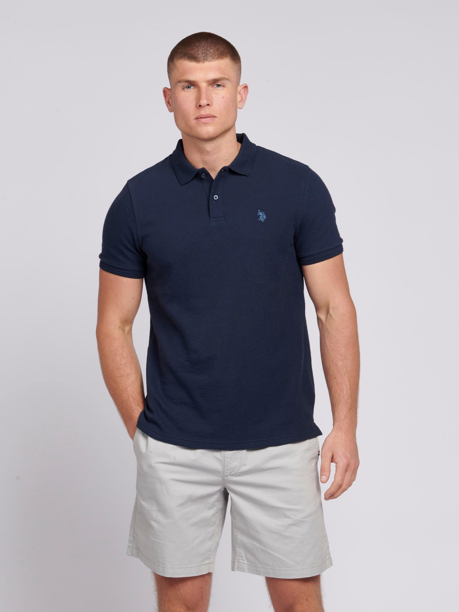 Mens Textured Terry Polo Shirt in Dark Sapphire Navy / Moonlight Blue DHM