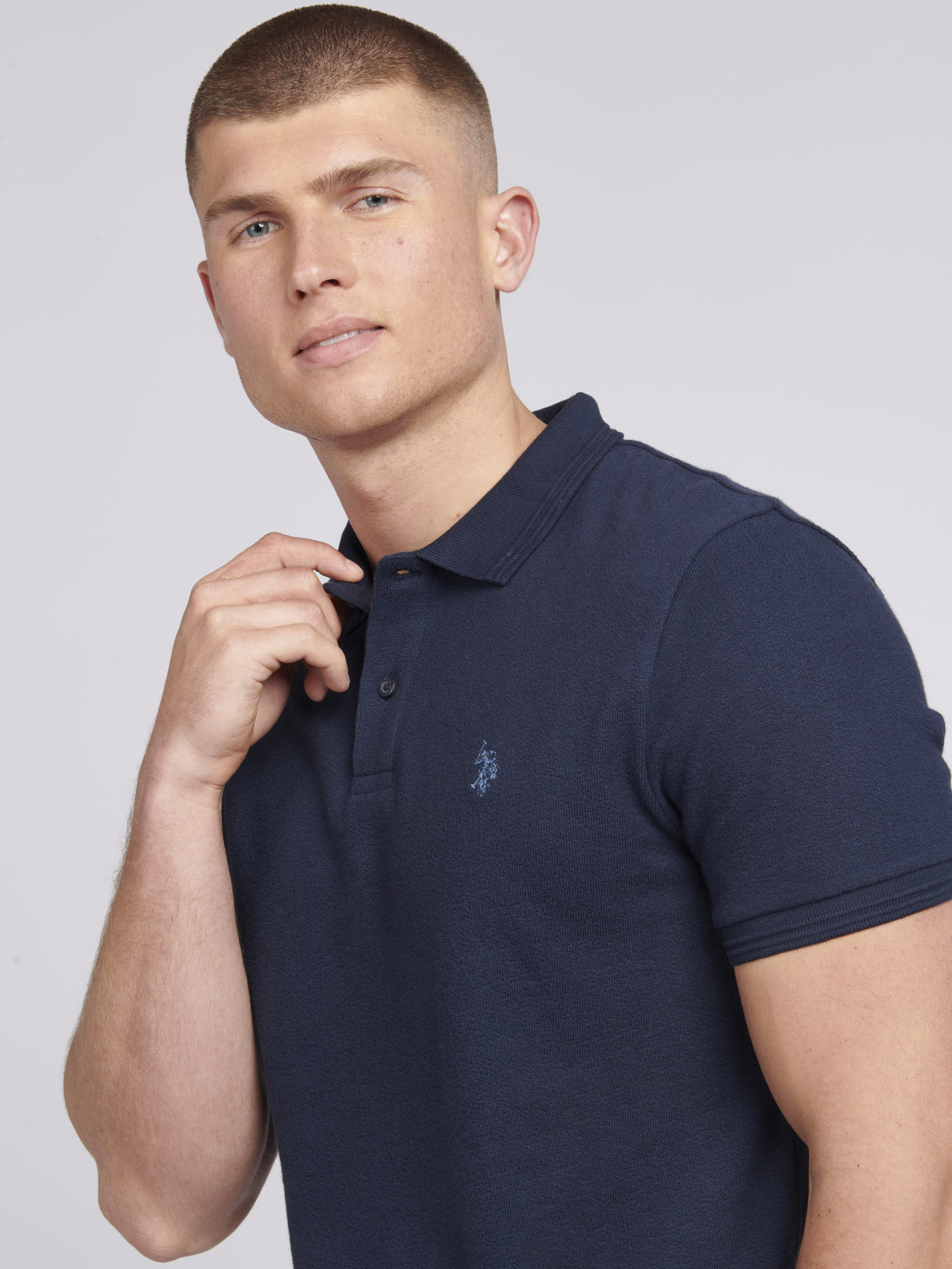 Mens Textured Terry Polo Shirt in Dark Sapphire Navy / Moonlight Blue DHM