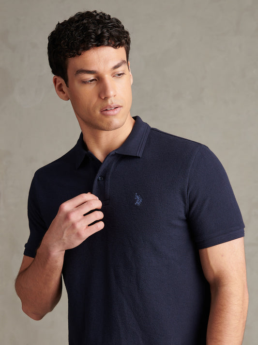 Mens Texture Terry Polo Shirt Dark Sapphire Navy / Moonlight Blue DHM